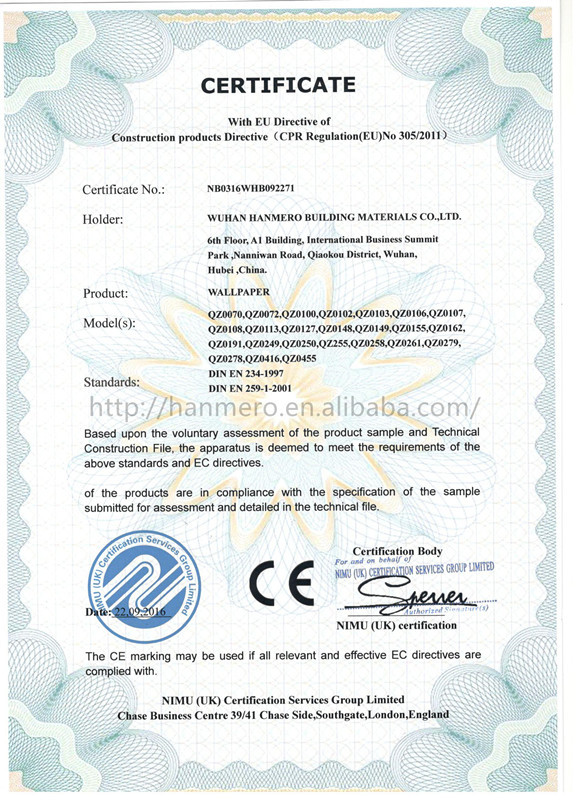 China Wuhan Hanmero Building Material CO., Ltd Certificaciones